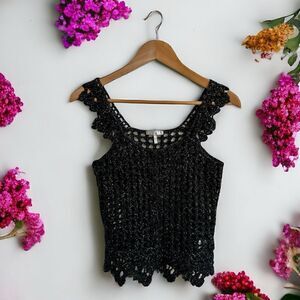 Metro 7 Sparkle Crochet Knit Top Black Size Small